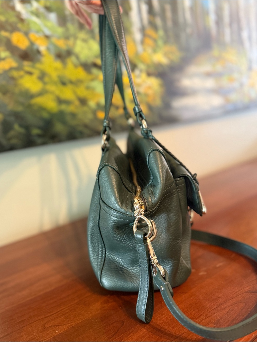 Cole Haan Pebbled Leather Satchel Crossbody Bag Forest Green Double Pocket EUC - Picture 2 of 9